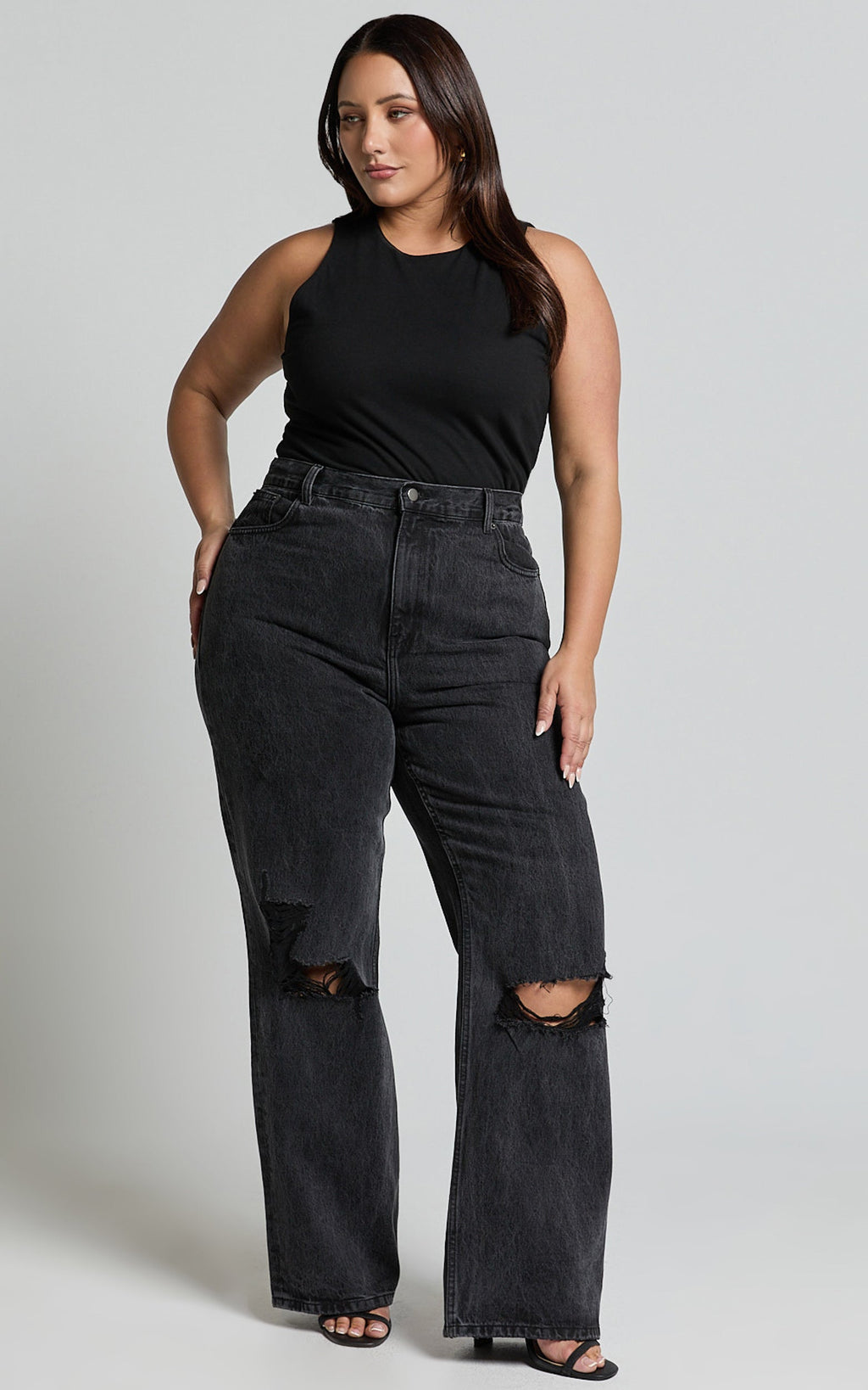 Miho Jean - Yıkanmış Siyah Yüksek Bel Geri Dönüştürülmüş Pamuk Yıpratılmış Düz Paça Denim Jean