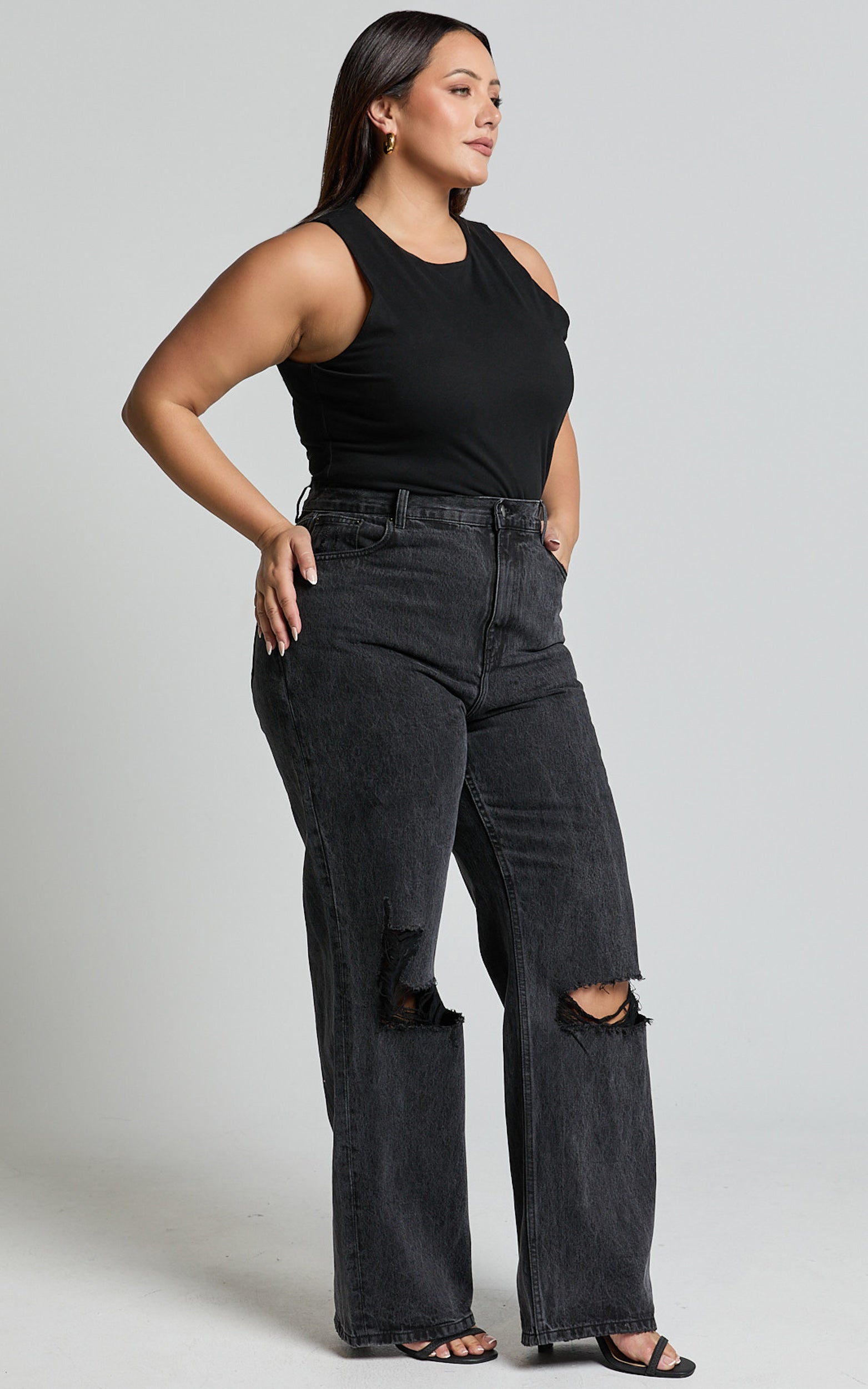 Miho Jean - Yıkanmış Siyah Yüksek Bel Geri Dönüştürülmüş Pamuk Yıpratılmış Düz Paça Denim Jean