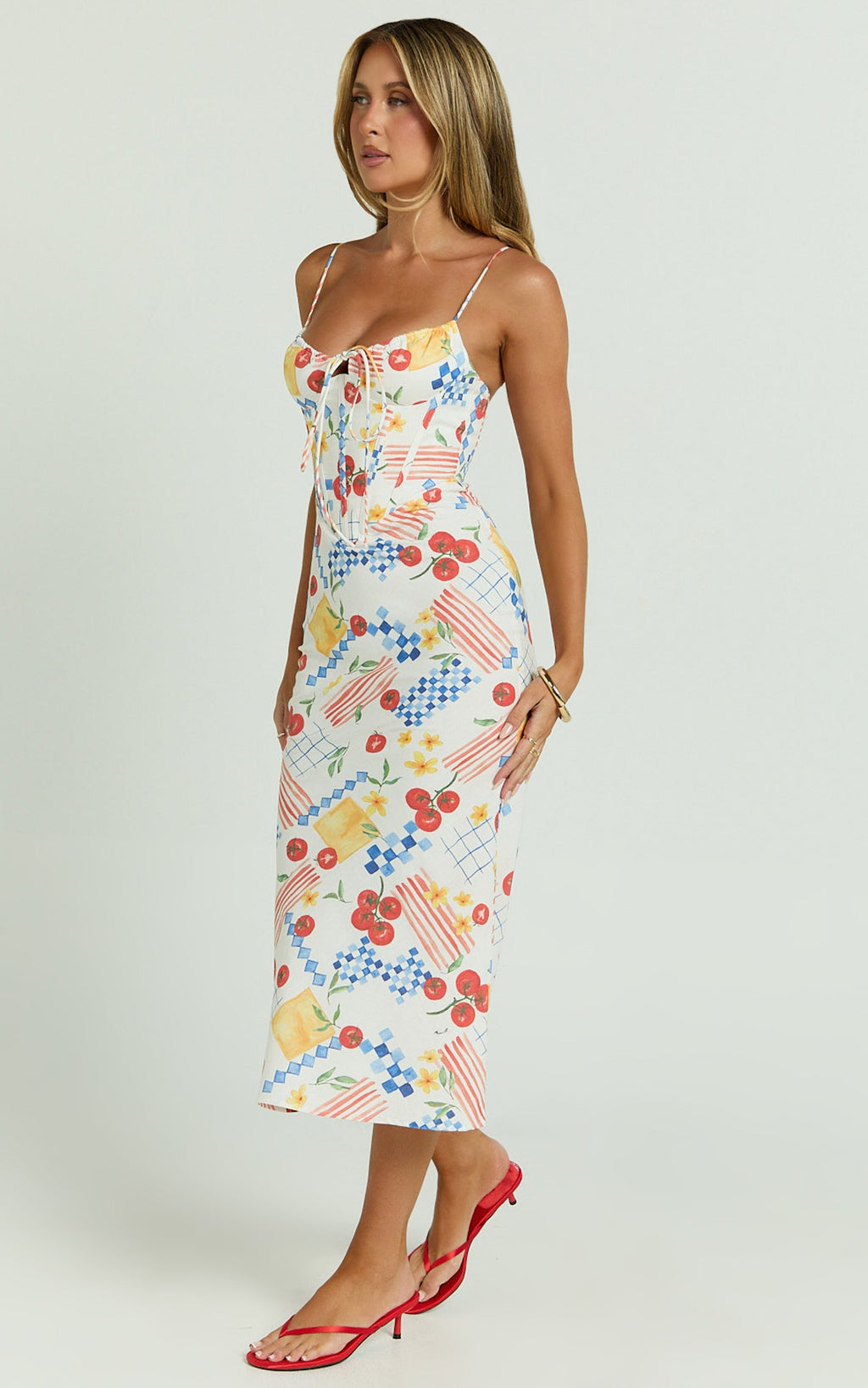 Mikayla Midi Elbise - Pomodoro Paradise Desenli Keten Yuvarlak Yaka Büzgülü Göğüs Korsaj Bel Verev Etekli Elbise