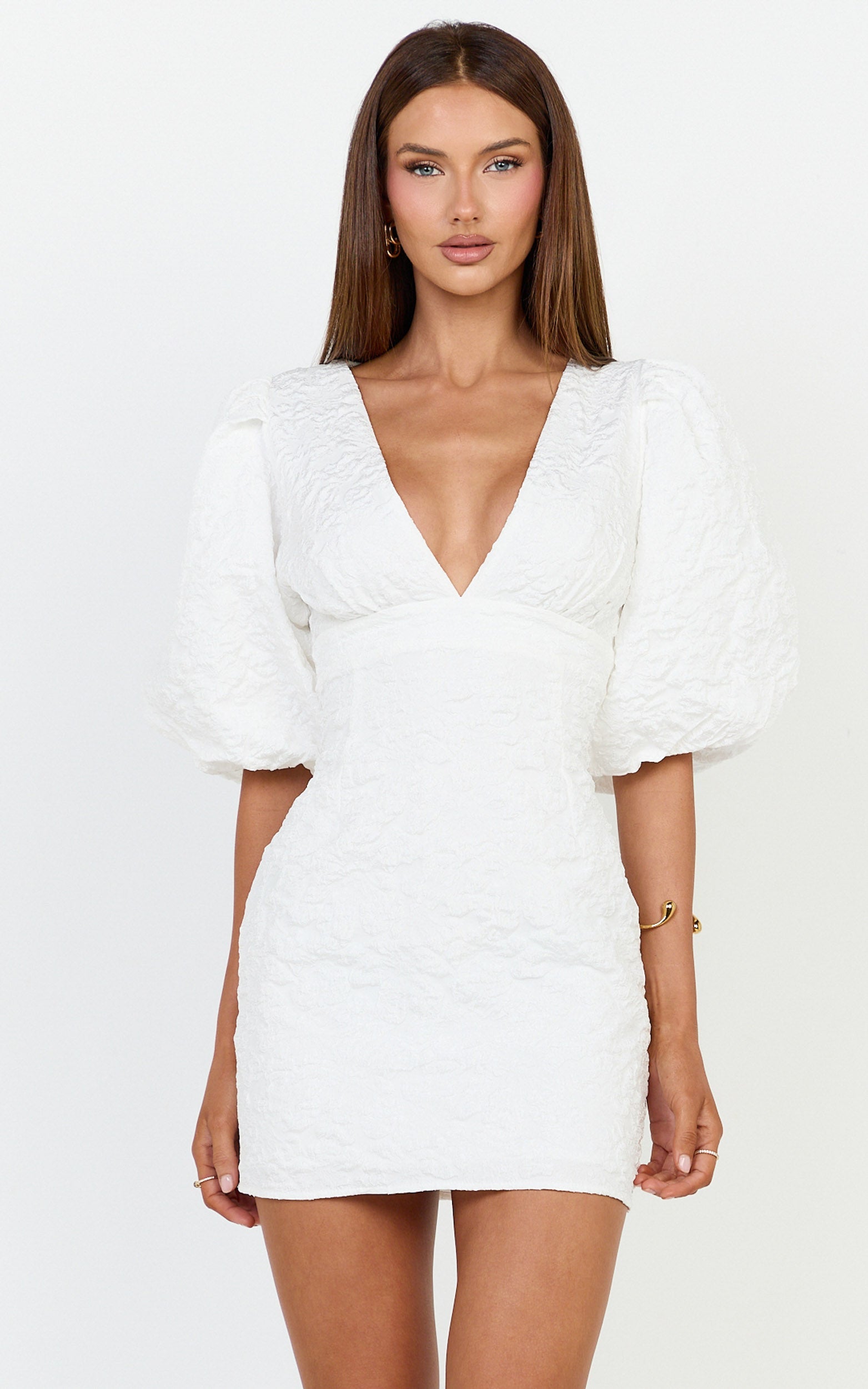 Miley Mini Elbise - Beyaz V Yaka Bodycon Elbise