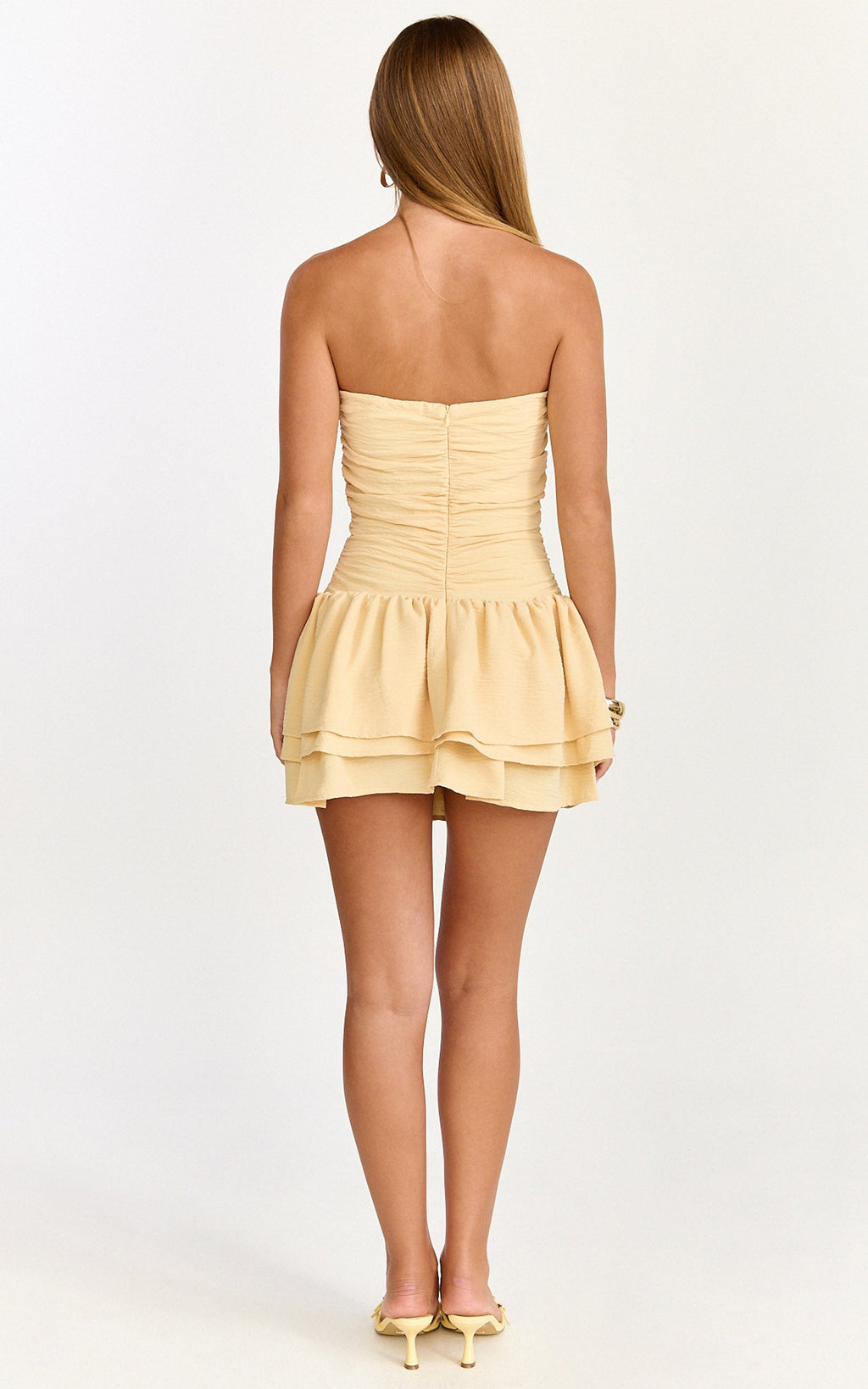 Millie Mini Elbise - Straplez Büzgülü Fırfırlı Katlı Fit & Flare Elbise - Limon