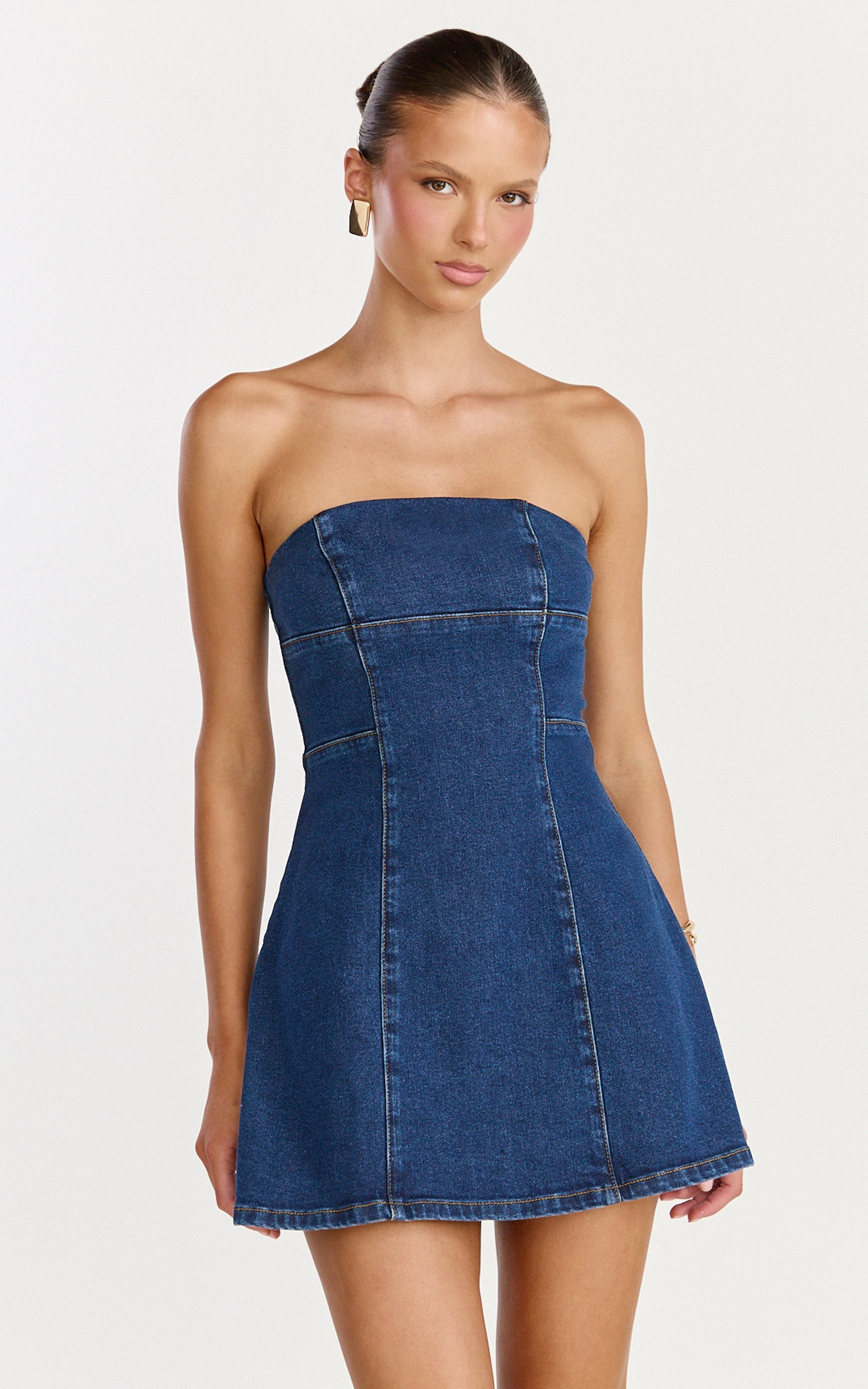 Mirabel Mini Elbise - Koyu Orta Mavi Yıkamalı Straplez A Kesim Denim Elbise