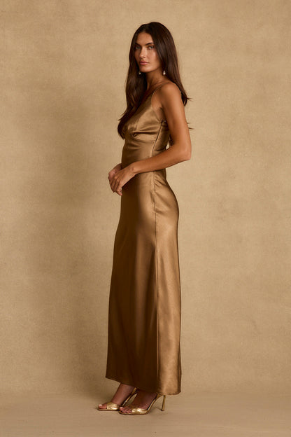 Mirabella Bronz Saten Maxi Elbise
