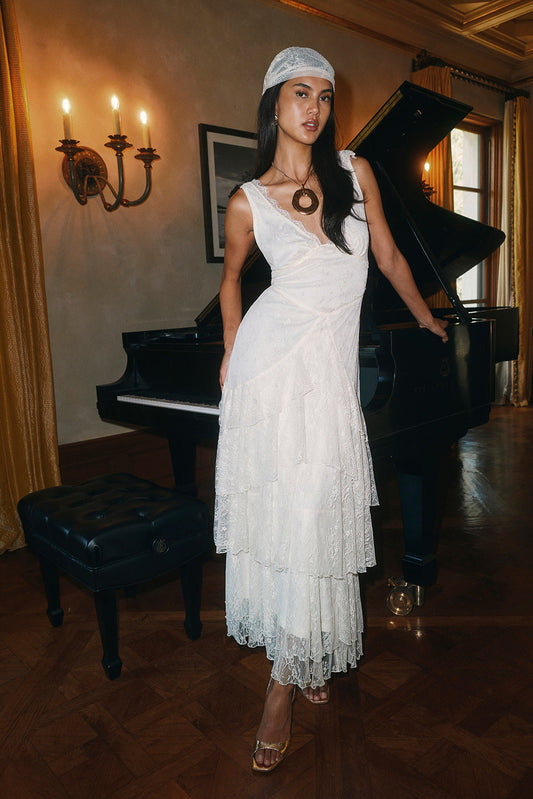 Mon Amour Krem Dantelli Maxi Elbise