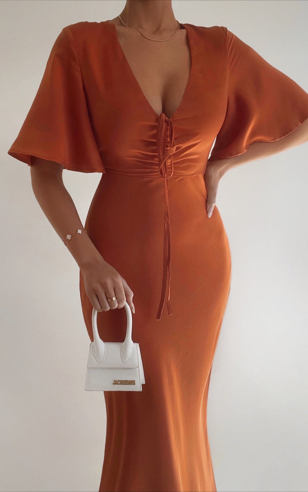 Nicholla Midi Elbise - Bakır Rengi Önü Büzgülü Melek Kollu Slip Elbise