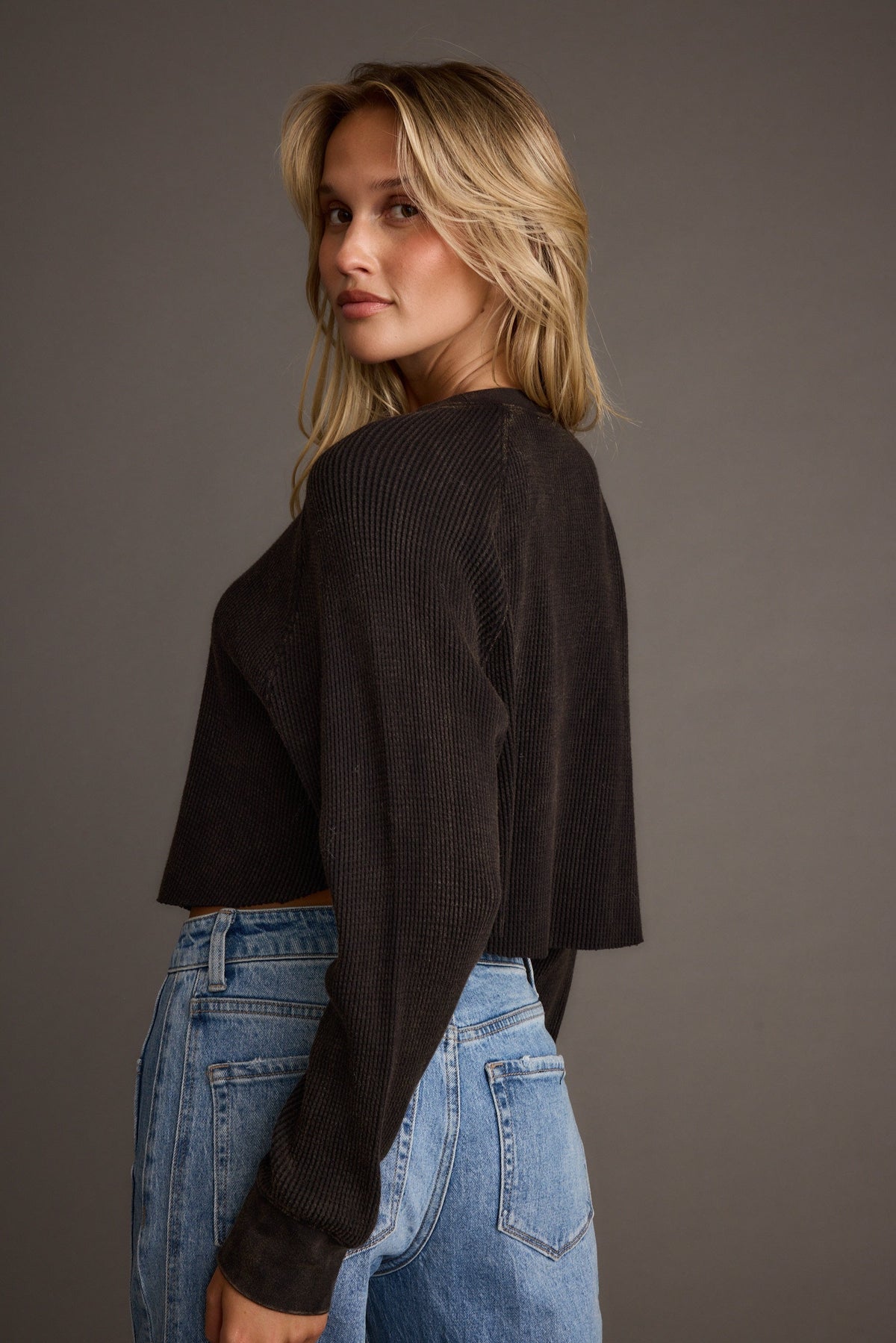 Not Your Boyfriend Yıkamalı Siyah Waffle Triko Henley