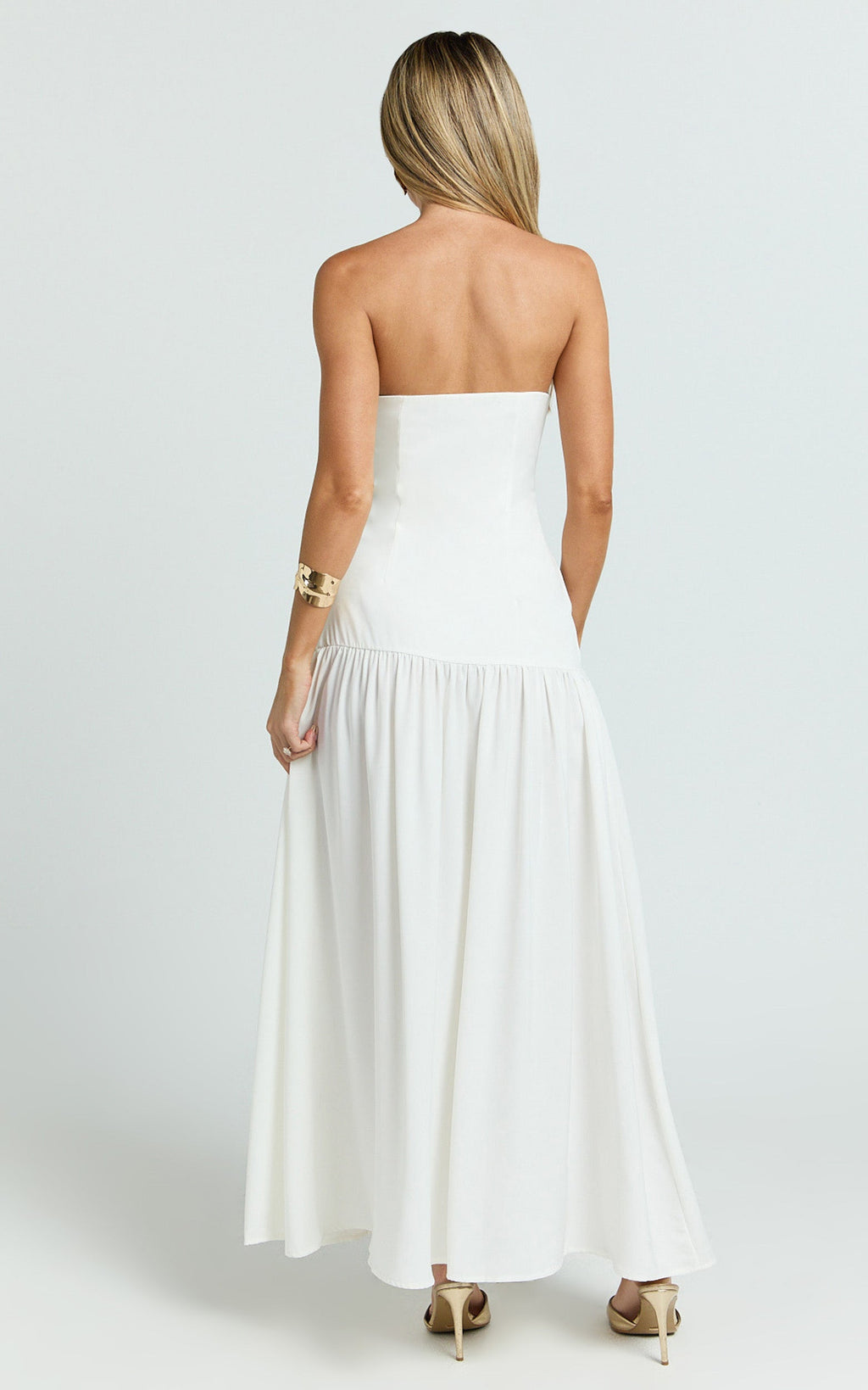 Nadiane Midi Elbise - Straplez Asimetrik Düşük Bel Elbise - Kırık Beyaz