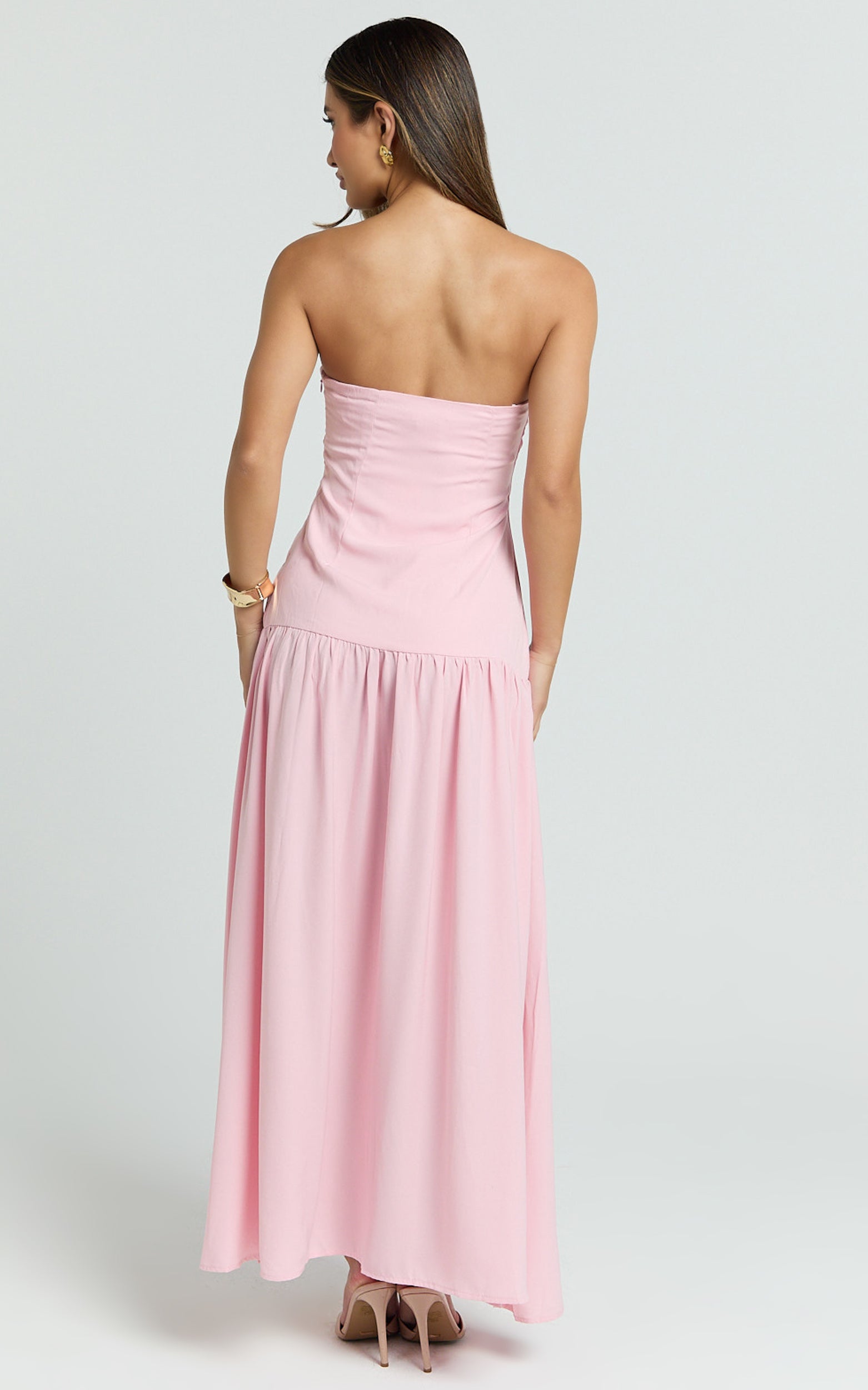 Nadiane Midi Elbise - Pembe Straplez Asimetrik Düşük Bel Elbise