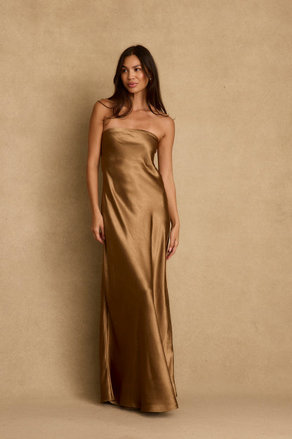 Natalia Bronz Straplez Maxi Elbise