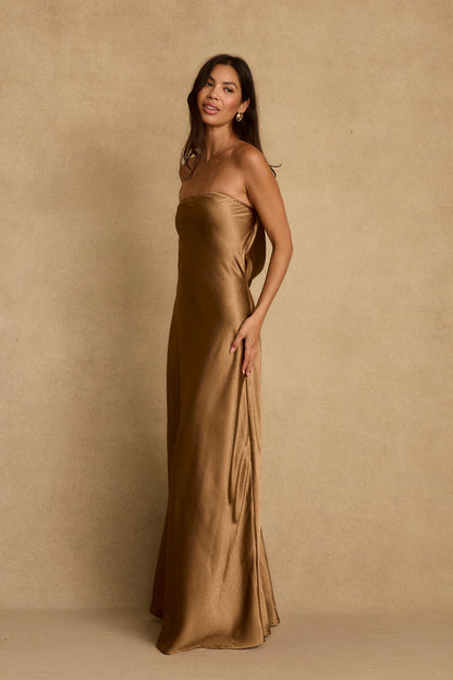 Natalia Bronz Straplez Maxi Elbise