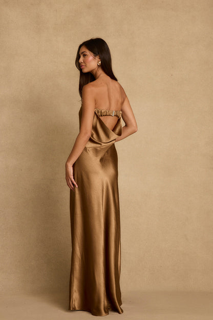Natalia Bronz Straplez Maxi Elbise