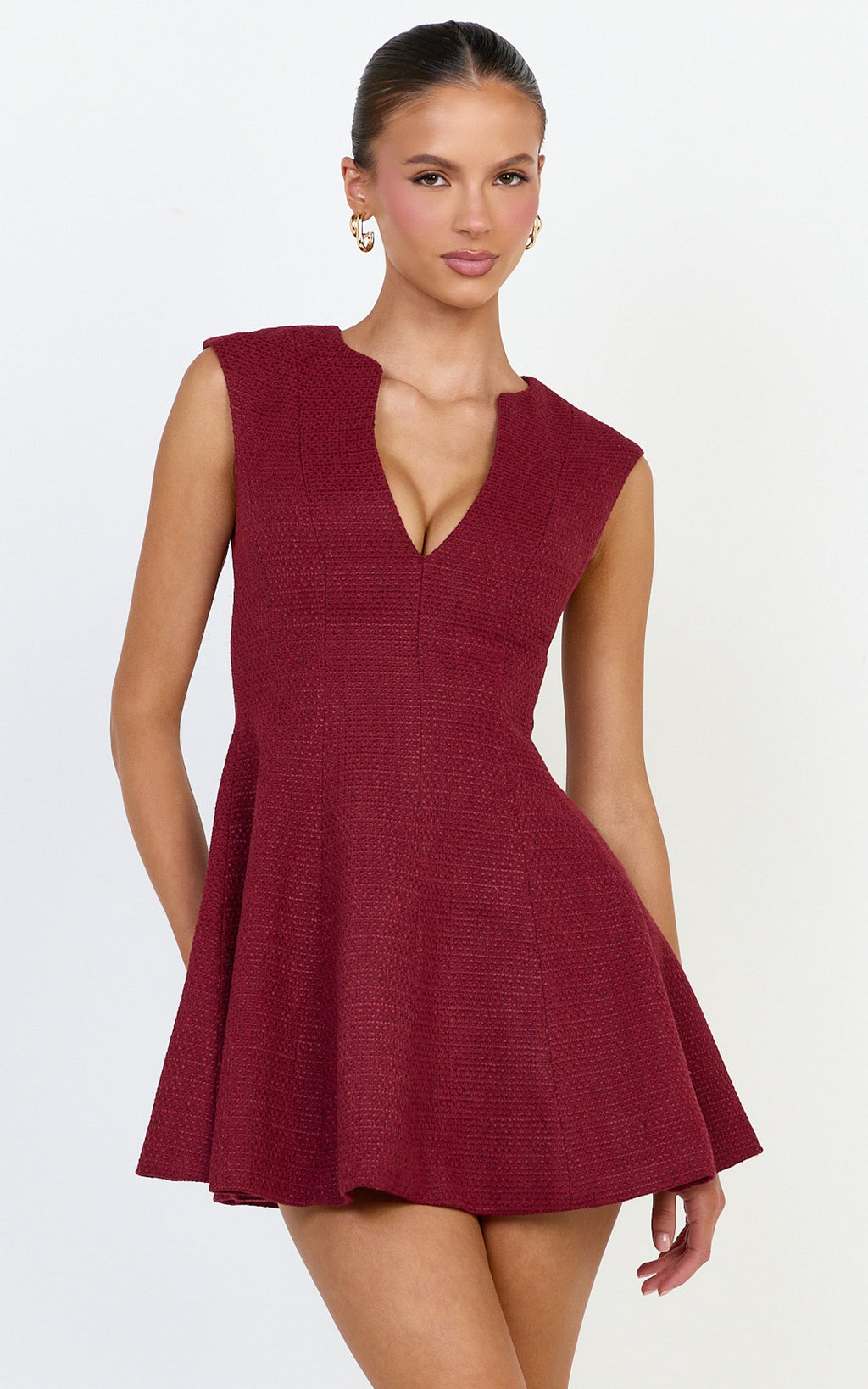 Nelson Mini Elbise - Bordo Derin Yakalı Buklet Fit & Flare Elbise