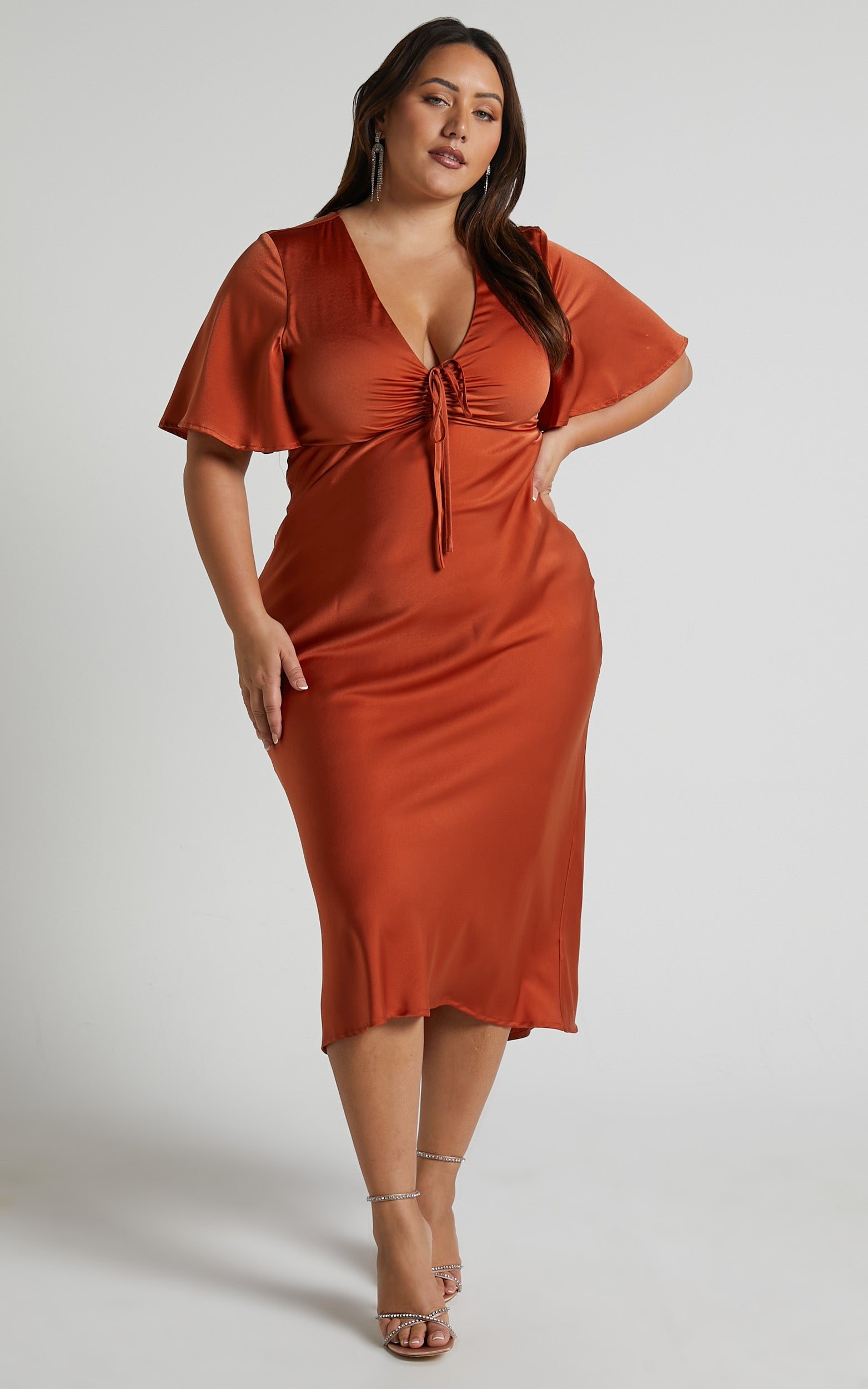 Nicholla Midi Elbise - Bakır Rengi Önü Büzgülü Melek Kollu Slip Elbise