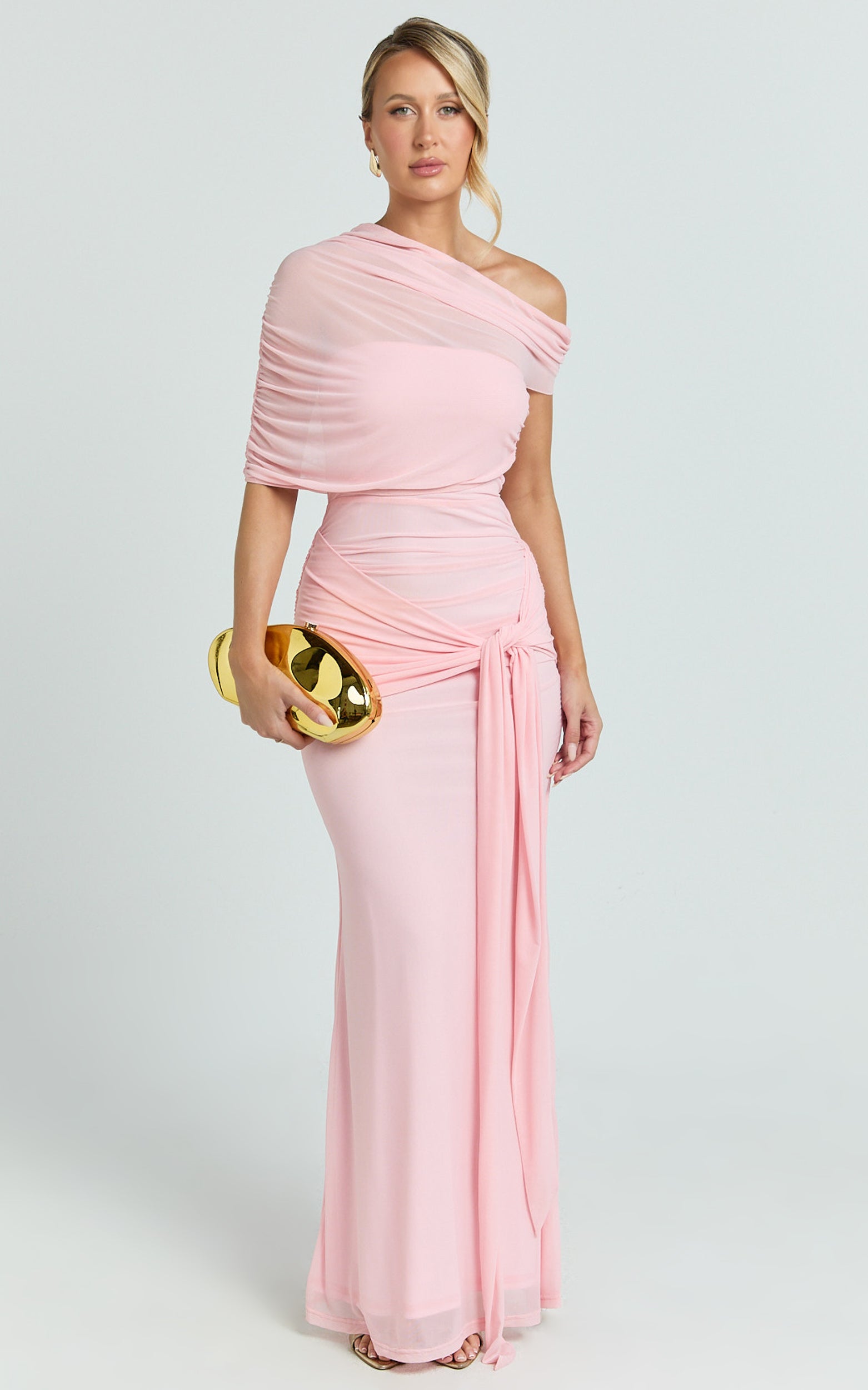 Nicolette Maxi Elbise - Pelerin Kollu Omuzları Açık Elbise - Pembe