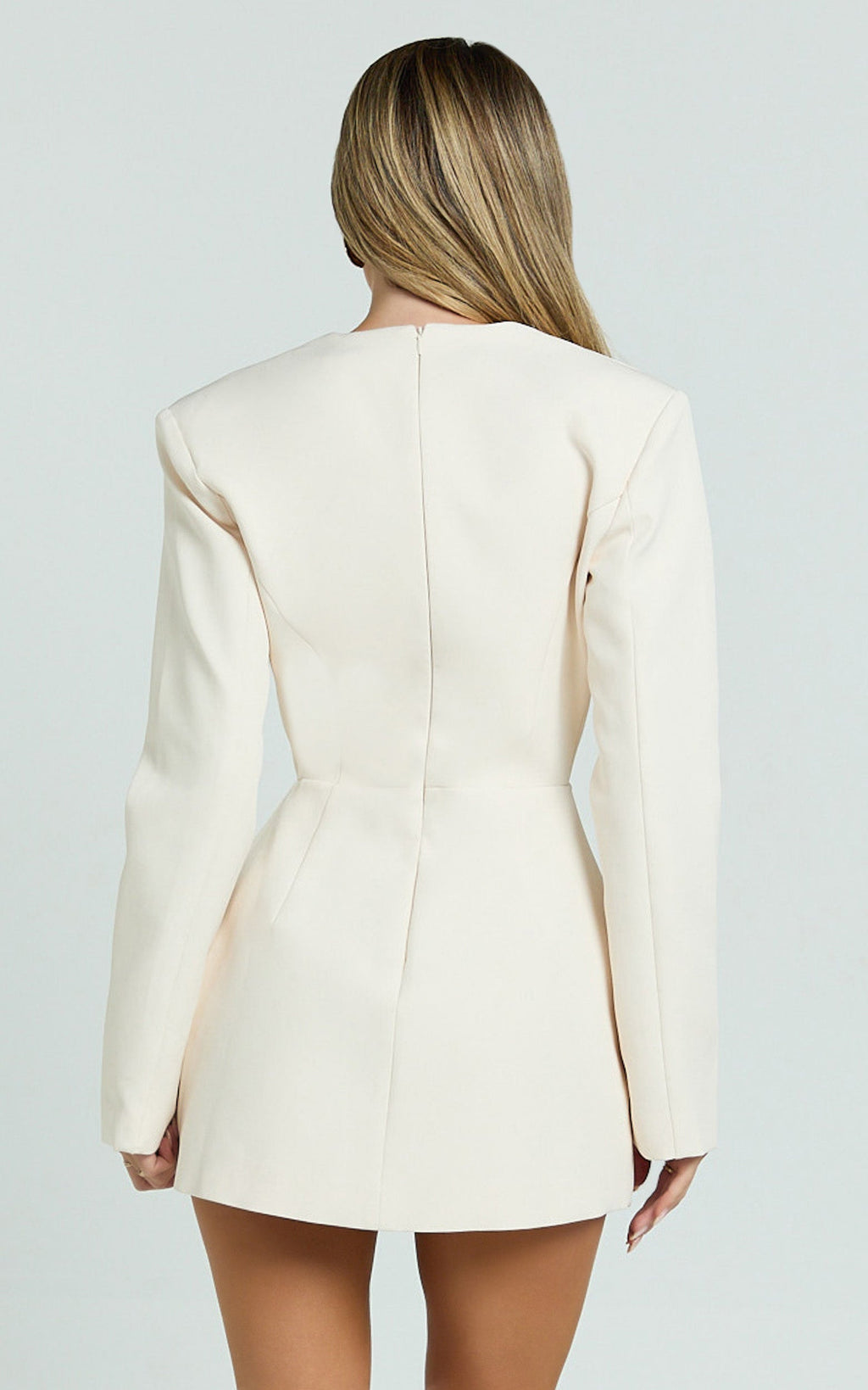Ninette Mini Elbise - Krem V Yaka Lale Etek Blazer Elbise