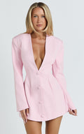 Ninette Mini Elbise - Pembe V Yaka Lale Etek Blazer Elbise