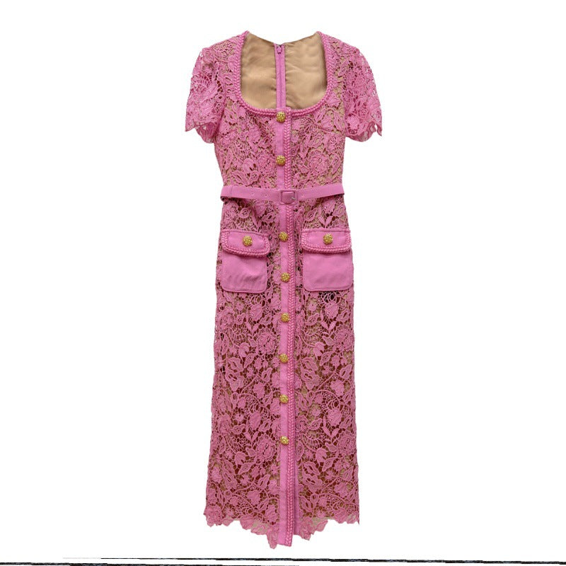 Pembe Dantel Uzun Elbise