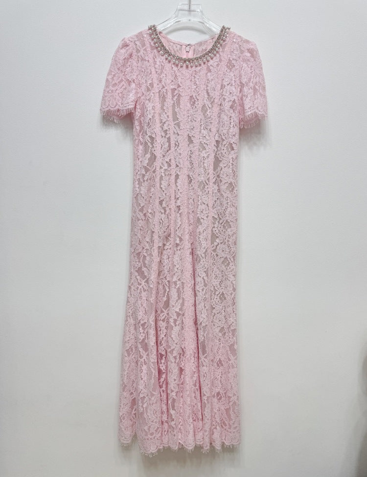 Pembe Kirpik Dantelli Payet Elbise