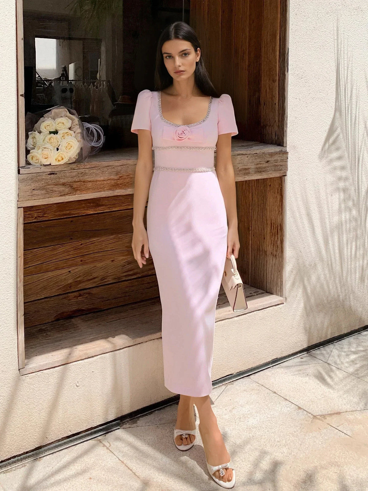 Audrey Işıltılı Gül Detaylı Maxi Elbise