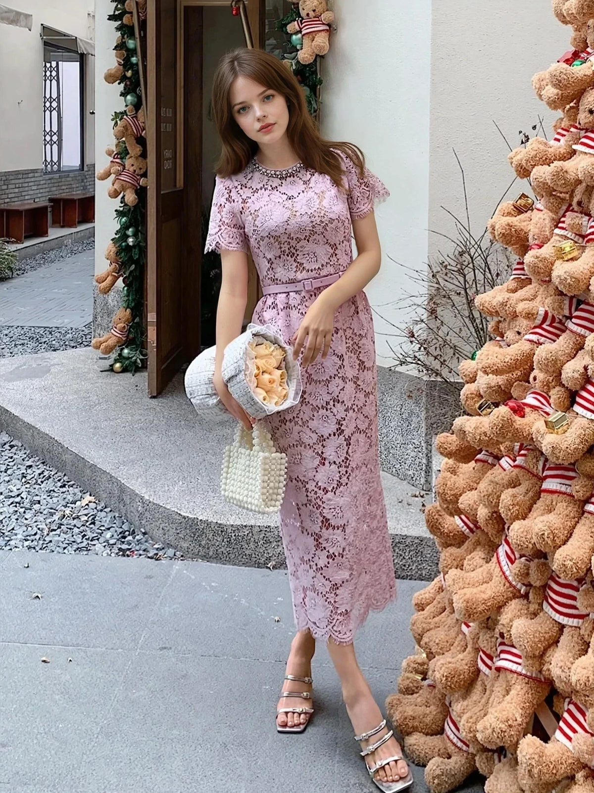 Pembe-Mor Dantel Elbise
