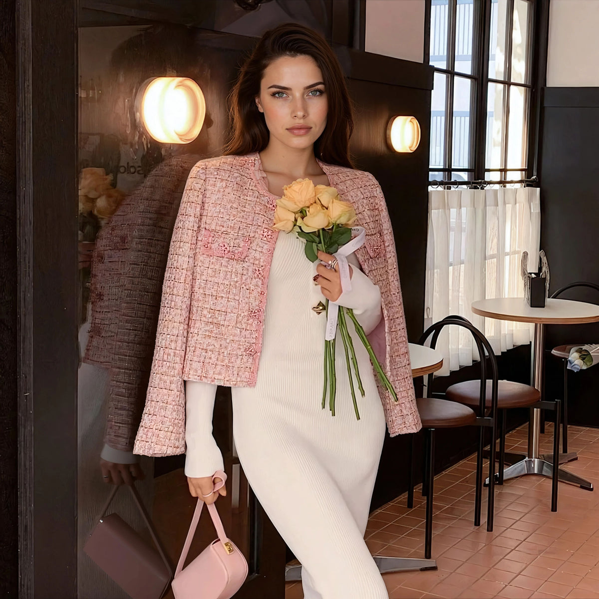 Gizli Düğmeli Pembe Tüvit Ceket
