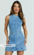 Olenna Mini Elbise - Orta Mavi Yıkamalı Yüksek Yaka Vücuda Oturan Denim Elbise