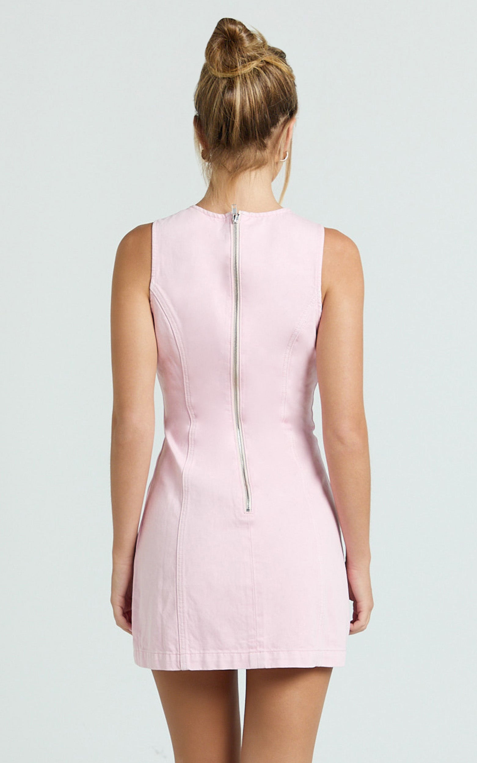 Olenna Mini Elbise - Pembe Yüksek Yaka Vücuda Oturan Denim Elbise