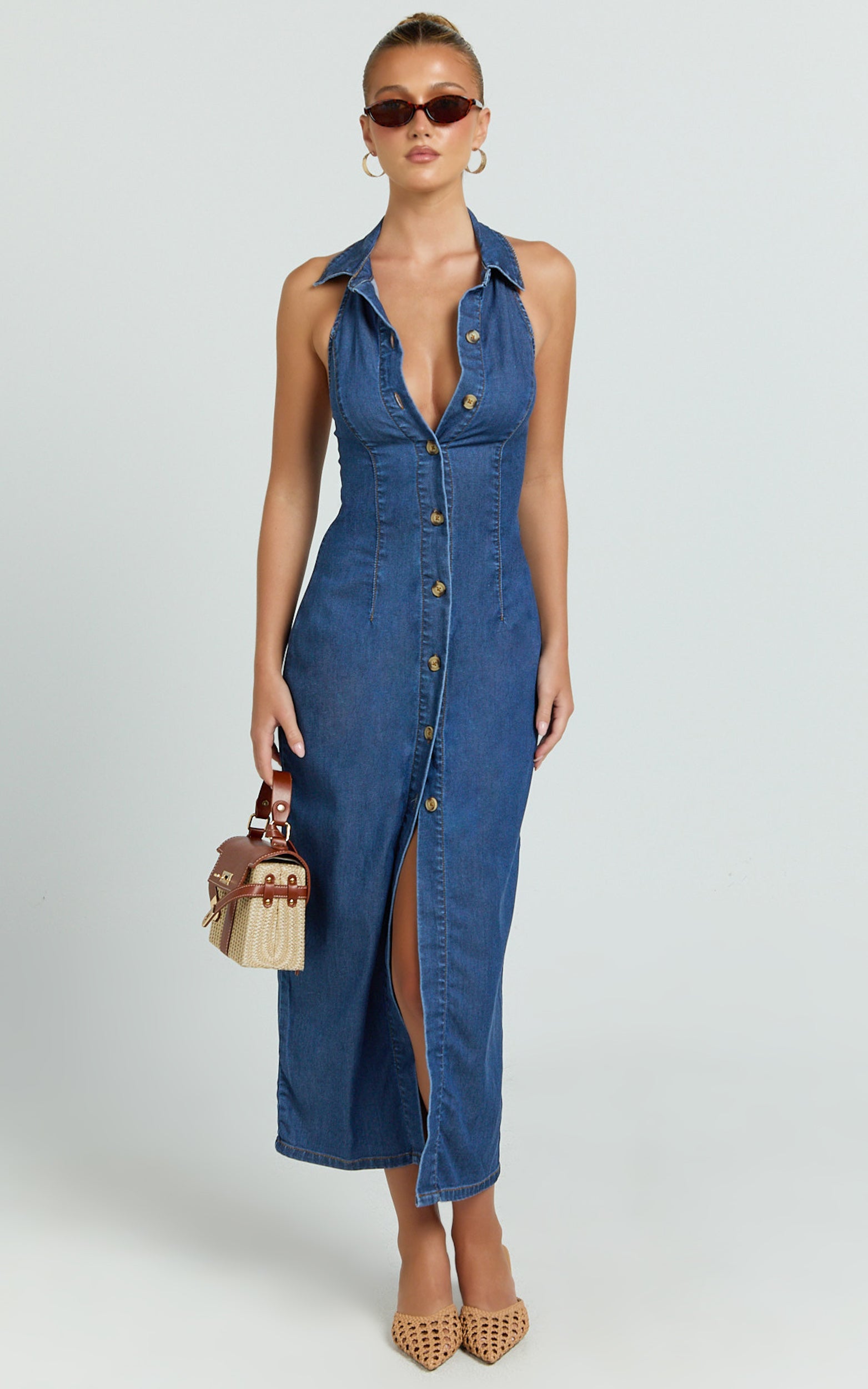 Olga Midi Elbise - Denim Yakalı Düğmeli Vücuda Oturan Elbise - Orta Mavi Yıkama