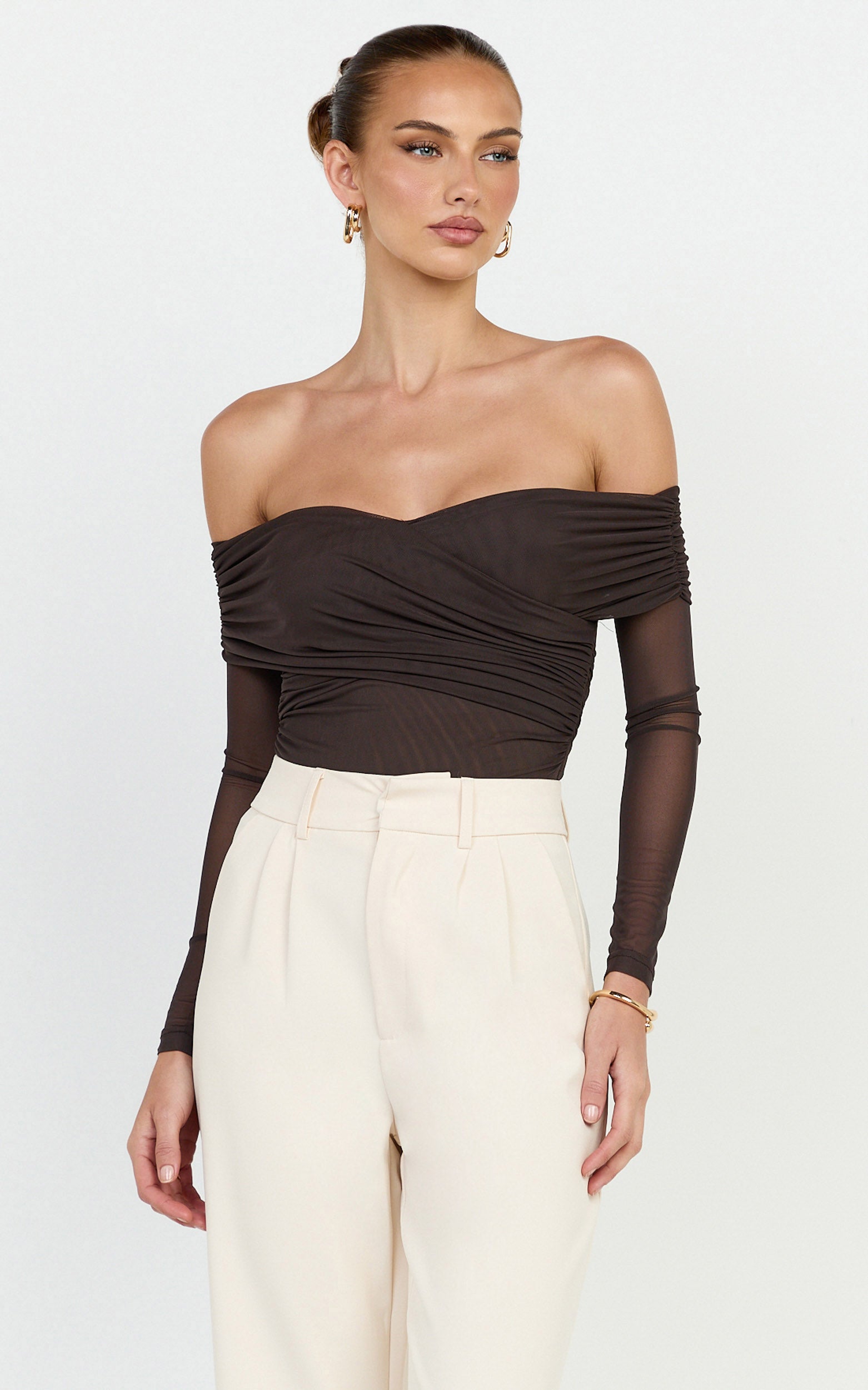 Opal Bodysuit - Çikolata Uzun Kollu Anvelop Omuzları Açık Bodysuit