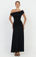 Ophelia Maxi Elbise - Siyah Omuzları Açık Büzgülü Fit & Flare Elbise
