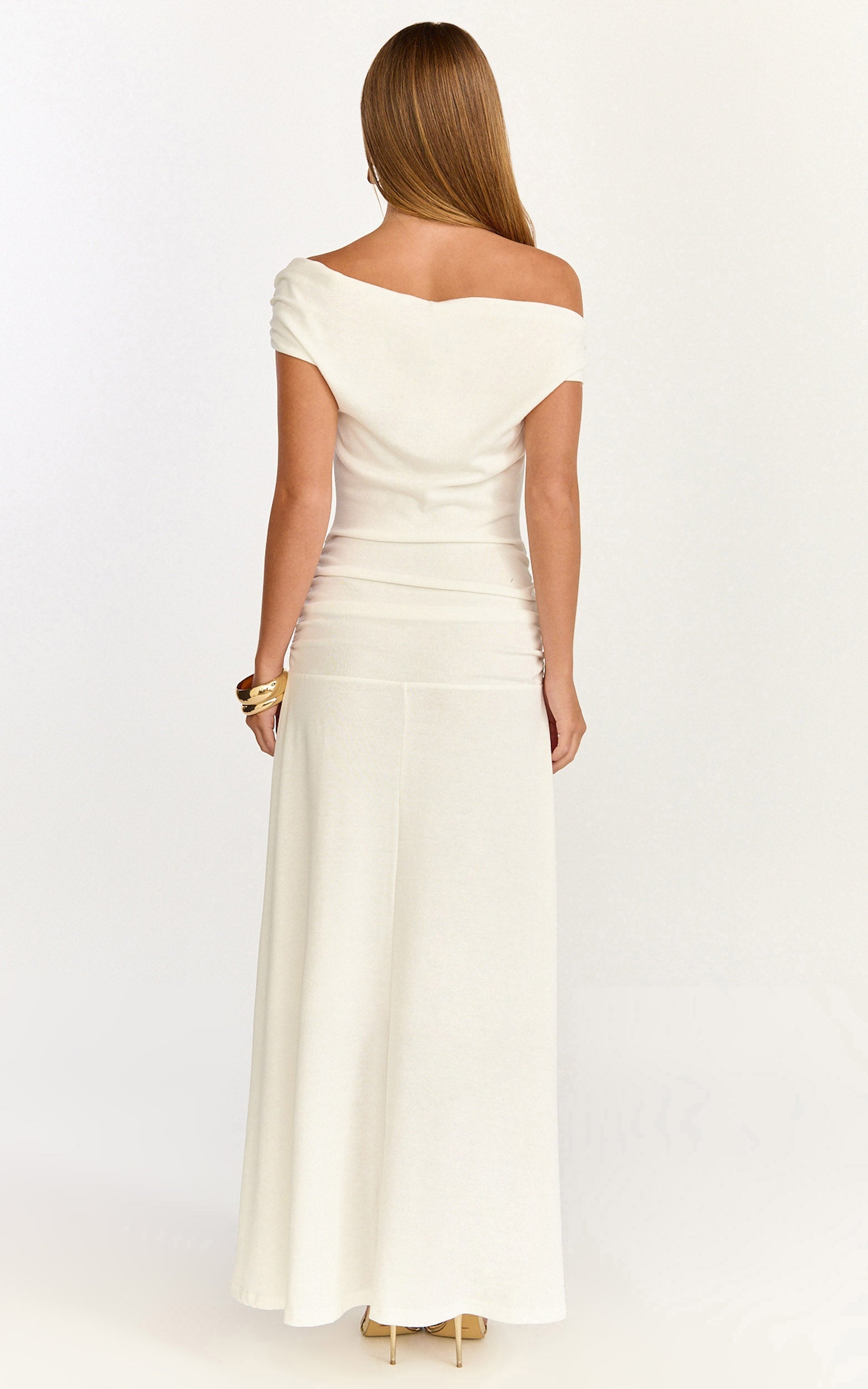 Ophelia Maxi Elbise - Omuzları Açık Büzgülü Fit & Flare Elbise - Kırık Beyaz