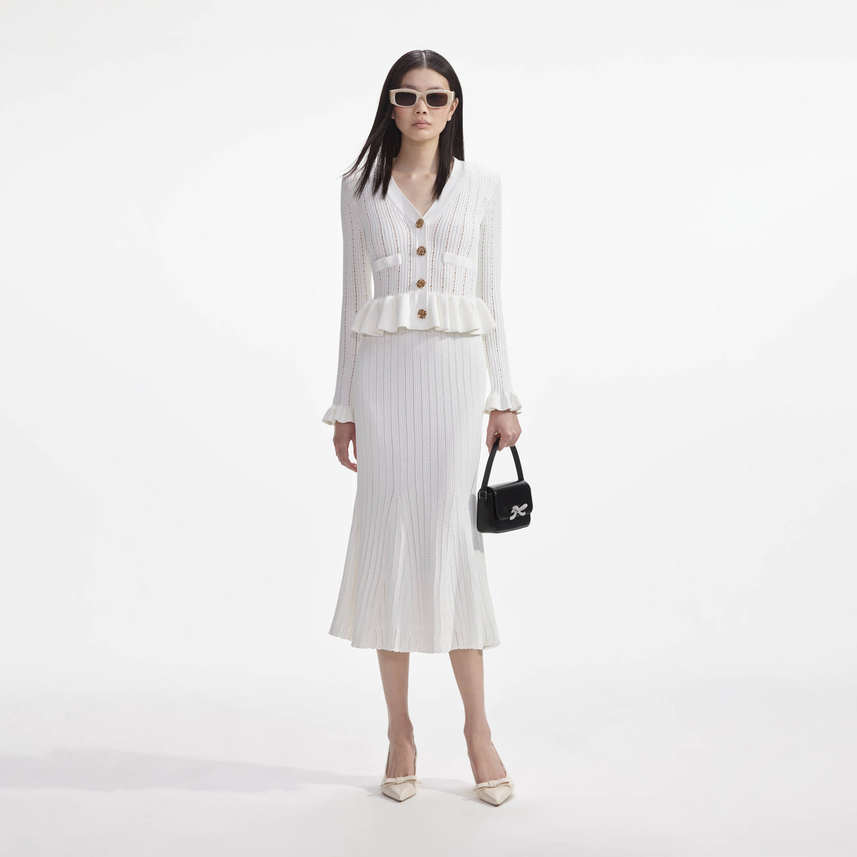 Beyaz Örme Peplum Midi Elbise