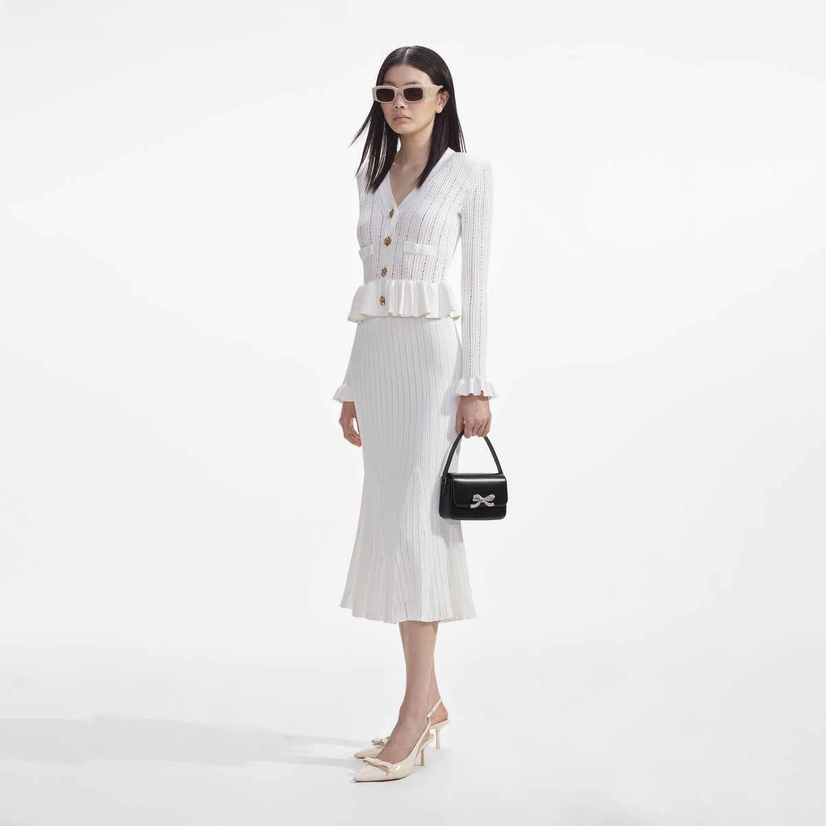 Beyaz Örme Peplum Midi Elbise