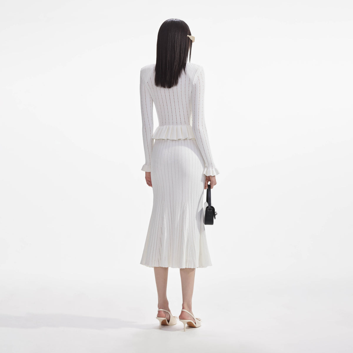 Beyaz Örme Peplum Midi Elbise