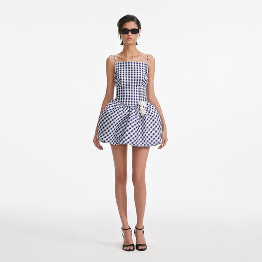 Lacivert Gingham Tafta Mini Elbise