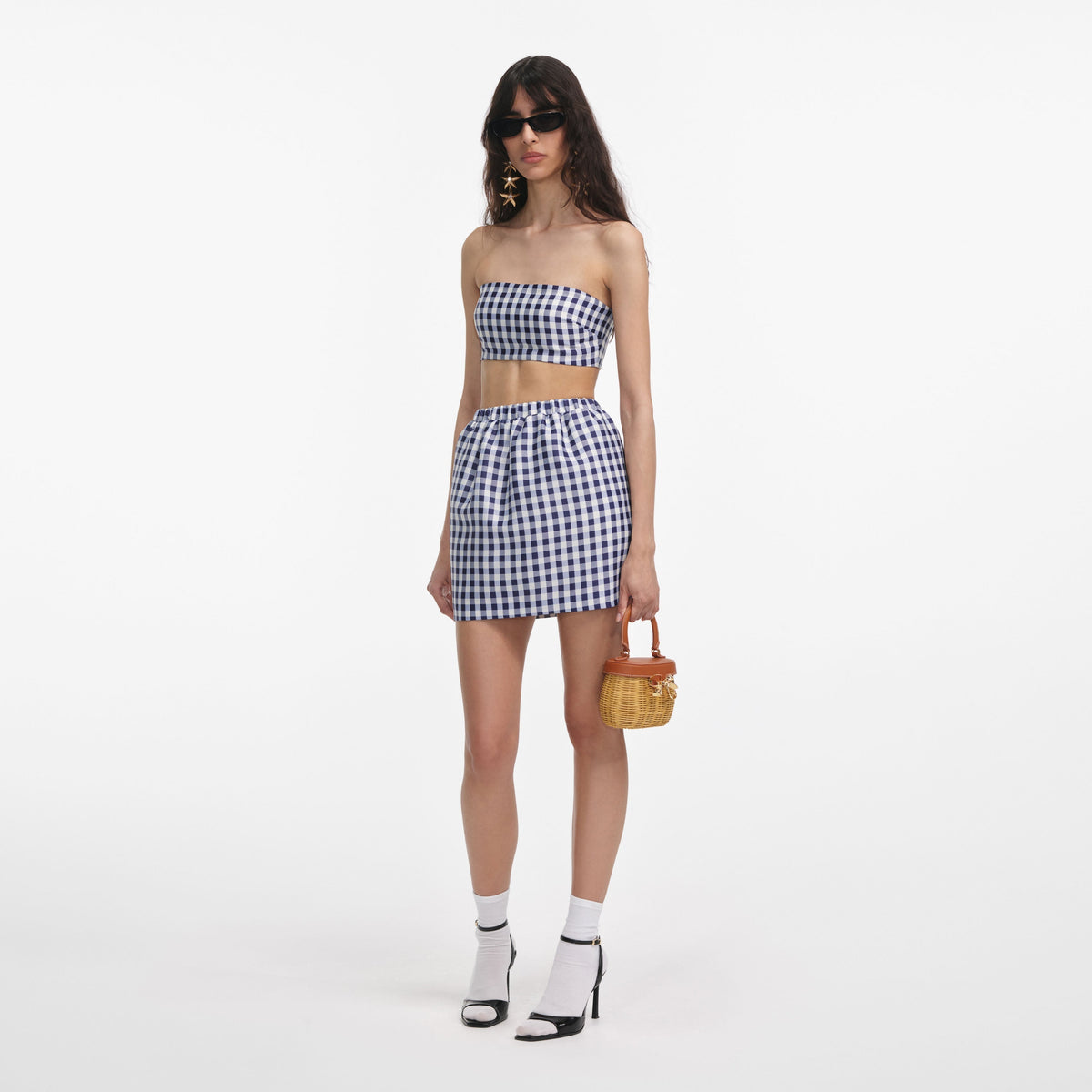 Lacivert Gingham Tafta Mini Etek