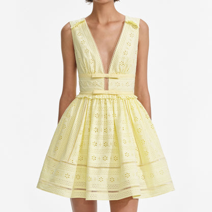 Sarı Pamuklu Broderie Mini Elbise
