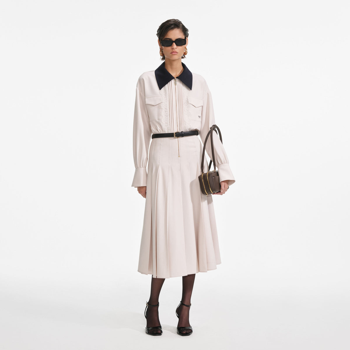 Krem Twill Kontrast Yaka Midi Elbise