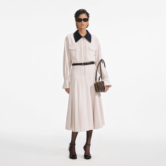 Krem Twill Kontrast Yaka Midi Elbise