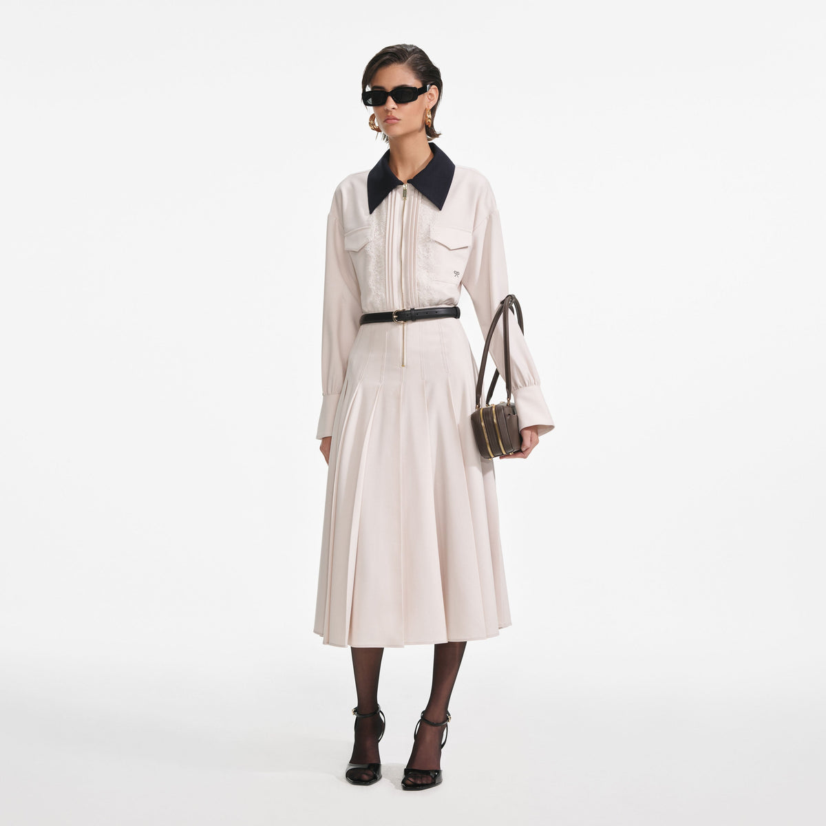 Krem Twill Kontrast Yaka Midi Elbise