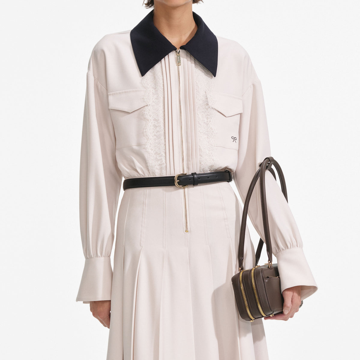 Krem Twill Kontrast Yaka Midi Elbise