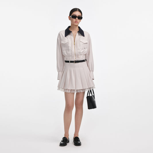 Krem Twill Pileli Mini Etek