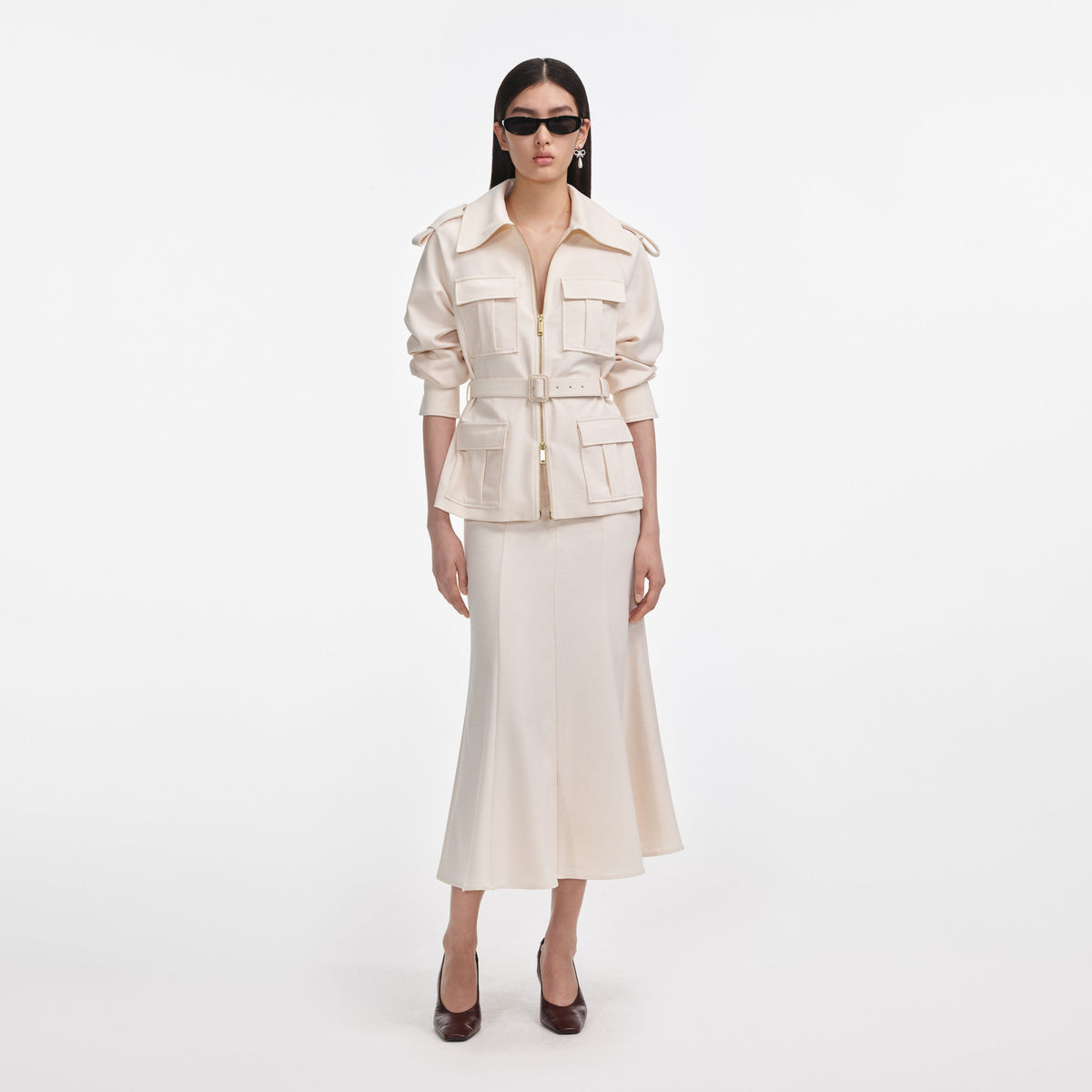 Krem Twill Midi Elbise