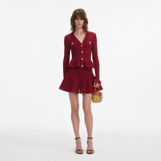 Bordo Pointelle Örgü Mini Elbise