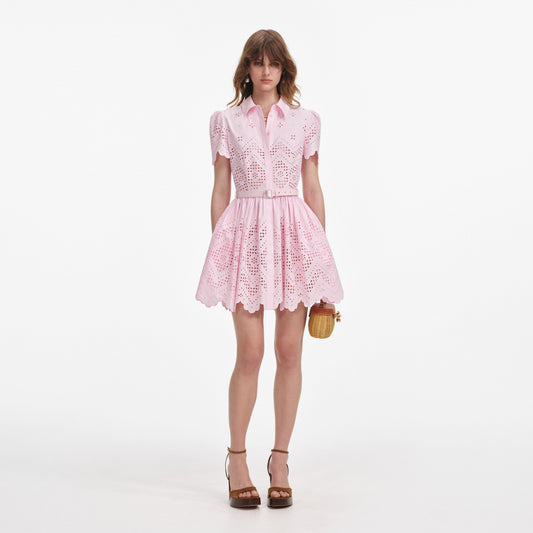 Pembe Pamuklu Broderie Mini Elbise