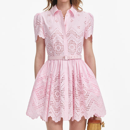 Pembe Pamuklu Broderie Mini Elbise