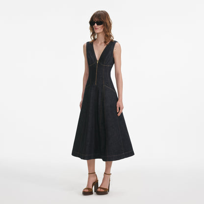 Indigo Denim Midi Elbise