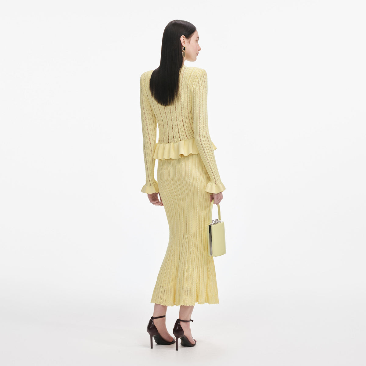 Sarı Örgü Peplum Midi Elbise