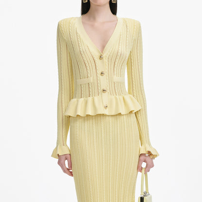 Sarı Örgü Peplum Midi Elbise