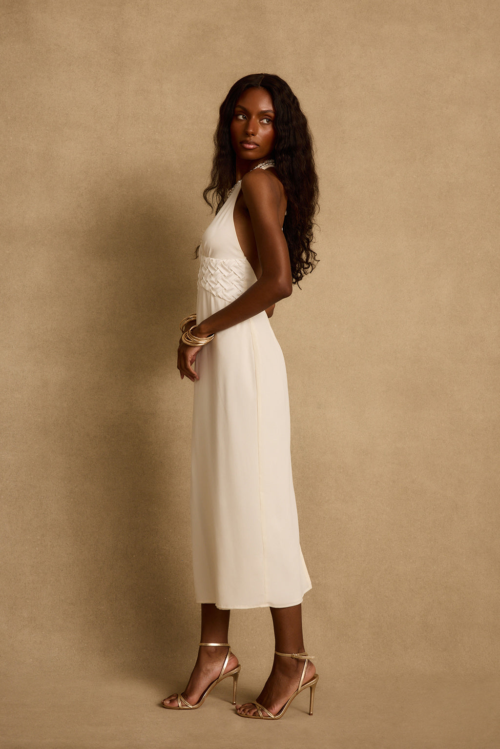 Penelope Beyaz Halter Midi Elbise